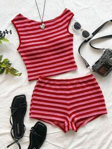 Eduarda Gutierrez  Conjunto de 2 piezas para mujer con top corto de punto a rayas y shorts ajustados de tiro súper bajo, atuendo adecuado para vacaciones, fiestas, Navidad, San Valentín, citas, playa, crucero, carnaval, Pascua, Año Nuevo Chi - Rosa Fucsia - Ver 5