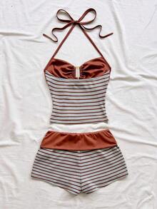 2 piezas Conjunto de camiseta de tirantes y pantalones cortos de punto a rayas con hebilla de metal, estilo casual de vacaciones, adecuado para fiesta, San Valentín, cita, discoteca, bohemio, vacaciones, otoño, ropa de mujer, vintage, días fest - Multicolor 2 - Ver 2