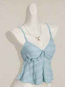 Blusa de tirantes de mujer con volantes de tela texturizada de unicolor para el verano y vacaciones - Azul - Ver 5