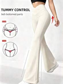 Pantalones acampanados con cintura cruzada para mujer, pantalones deportivos y de yoga de unicolor de poliéster de alta elasticidad, pantalones casuales largos con cintura cruzada, mallas ajustadas de unicolor para entrenamiento, pantalones de pierna ancha de tejido de punto adecuados para fitness y uso casual, negro, primavera - Blanco - Ver 7