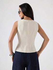 2026 Nueva Camiseta de Tirantes Ajustada de Cuello Redondo a Rayas de Color Albaricoque Minimalista, Adecuada para Trabajo/Casual de Negocios/Oficina, Top de Moda para Mujer - Albaricoque - Ver 2