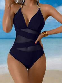 Swim Lushore Traje de baño de una pieza sexy para mujer con decoración metálica, diseño de escote en V y empalme transparente, adecuado para vacaciones en la playa - Azul marino - Ver 7