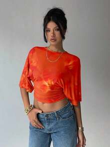 Blusa de verano para mujer con diseño de manga murciélago, cuello redondo, fruncido y estampado floral de tinte de agua en tonos cálidos, ideal para playa/vacaciones, un look casual, minimalista y elegante - Naranja Quemada - Ver 3