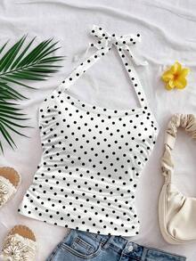 Parte superior corta ajustada con cuello de halter casual para vacaciones de mujer, verano de mujer, sin espalda, ropa de vacaciones de mujer, lunares, primavera de mujer, verano, parte superior para salir de mujer, vacaciones de mujer - Multicolor 2 - Ver 6