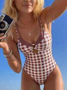 Traje de baño de una pieza a cuadros para mujer Swim Mod con tirantes finos, adecuado para vacaciones en la playa, primavera/verano. - Multicolor - Ver 6