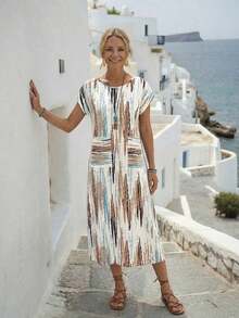 Vestido casual de mujer con estampado floral y manga corta, ideal para vacaciones de verano - Azul Agua - Ver 3