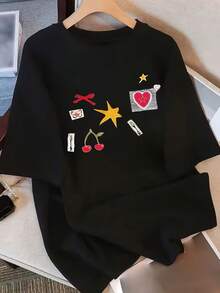Camiseta de Verano Moderna de Algodón, Holgada, de Cuello Redondo, Versátil, Cómoda, Casual, para Mujer, Juvenil, a la Moda, de Manga Corta para Uso Diario - Negro - Ver 5