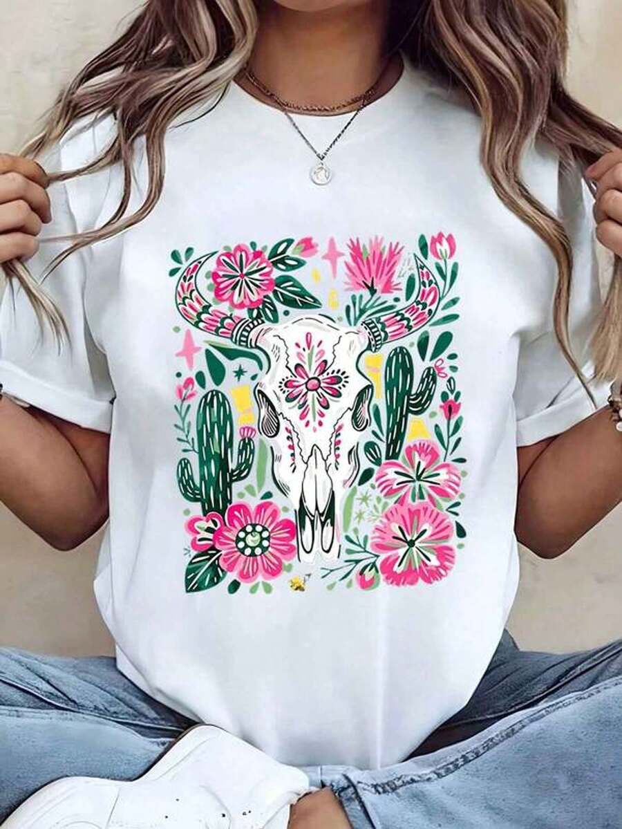 Camiseta de mujer con estampado de calavera de vaca, flores y cactus, cuello redondo, uste regular, uso casual, idea de regalo, 220g