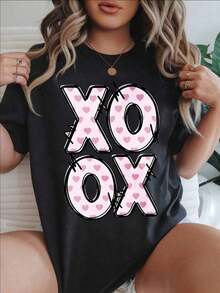 Camiseta Casual de Moda para Mujer con Estampado de Corazones Rosados Vintage Xo Ox, Adecuada para Todas las Temporadas  
 BlackFashion - Negro - Ver 1