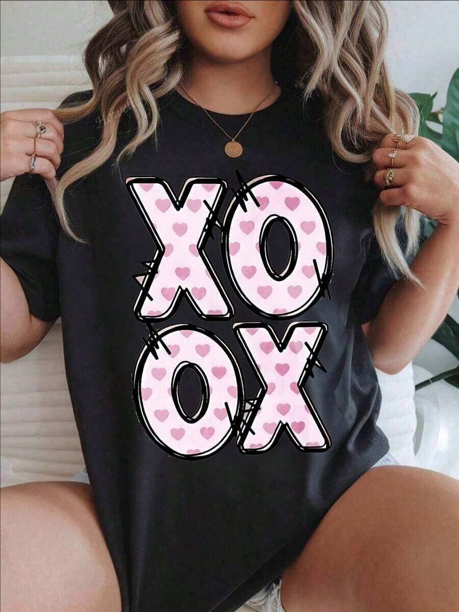 Camiseta Casual de Moda para Mujer con Estampado de Corazones Rosados Vintage Xo Ox, Adecuada para Todas las Temporadas  
 BlackFashion - Negro - Ver 1