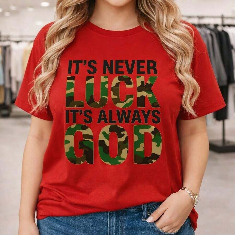 Camiseta de algodón de talla grande para mujer, con estampado de camuflaje "Nunca es suerte, siempre es Dios", corte holgado, manga corta, tallas M-5XL, uso diario casual, tela suave y transpirable, camisetas gráficas de moda para mujer, ropa de talla grande, 100% algodón. - Rojo - Ver 1