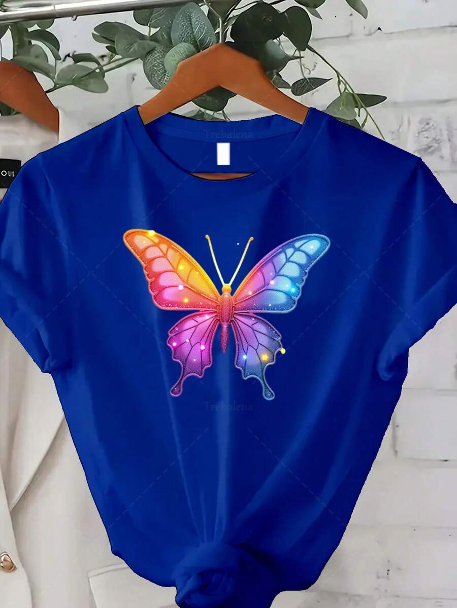 Classic Plus Size - Women's Plus Size T-Shirt With A Rainbow Butterfly Design, Perfect For Casual Summer Wear. This Short-Sleeved, Crew-Neck Tee Is Ideal For Both Summer And Fall, Making It A Great Thanksgiving Gift Choice. Best Seller - 藍色 - 查看 1