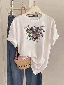 Plus Size Women's Short-Sleeved T-Shirts, Ideal For Summer, Basic Everyday Tops, New 2026 Women's T-Shirt With Short Sleeves, Printed With Butterflies, Hearts, Vibrant Colors And Romantic Patterns. A Fashionable Summer Gift, Suitable For Parties And Daily Wear. Breathable And Comfortable. - 白色 - 查看 11