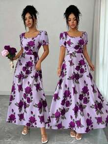 YHHSHEIN Elenzya Vestido midi de manga corta con estampado de rosas rojas sobre base blanca, elegante y versátil para uso diario, vacaciones, citas, San Valentín, estilo francés retro, fiestas y primavera temprana/primavera-veranoYHH - Morado - Ver 4