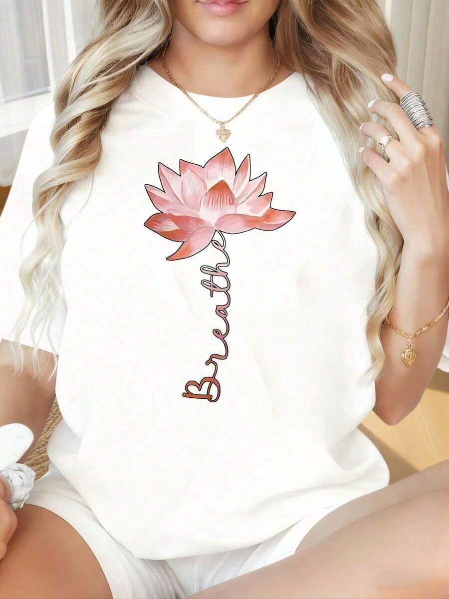 Camisetas de manga corta para mujer, camiseta de cuello redondo, 100% algodón, con estampado divertido de flor de loto negra, camiseta holgada informal para mujer, ropa de yoga, camiseta cómoda y suave de algodón para uso diario, adecuada para el Día de San Valentín, Navidad, fiestas, actividades deportivas, vacaciones, salidas, deportes y otros regalos navideños. - Blanco - Ver 1
