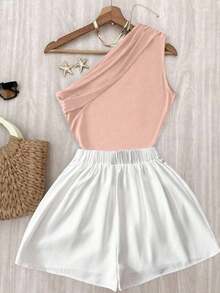 Conjunto de top plisado de hombro de color marrón sólido y elástico para uso casual y pantalones blancos de cintura elástica - Rosa - Ver 2