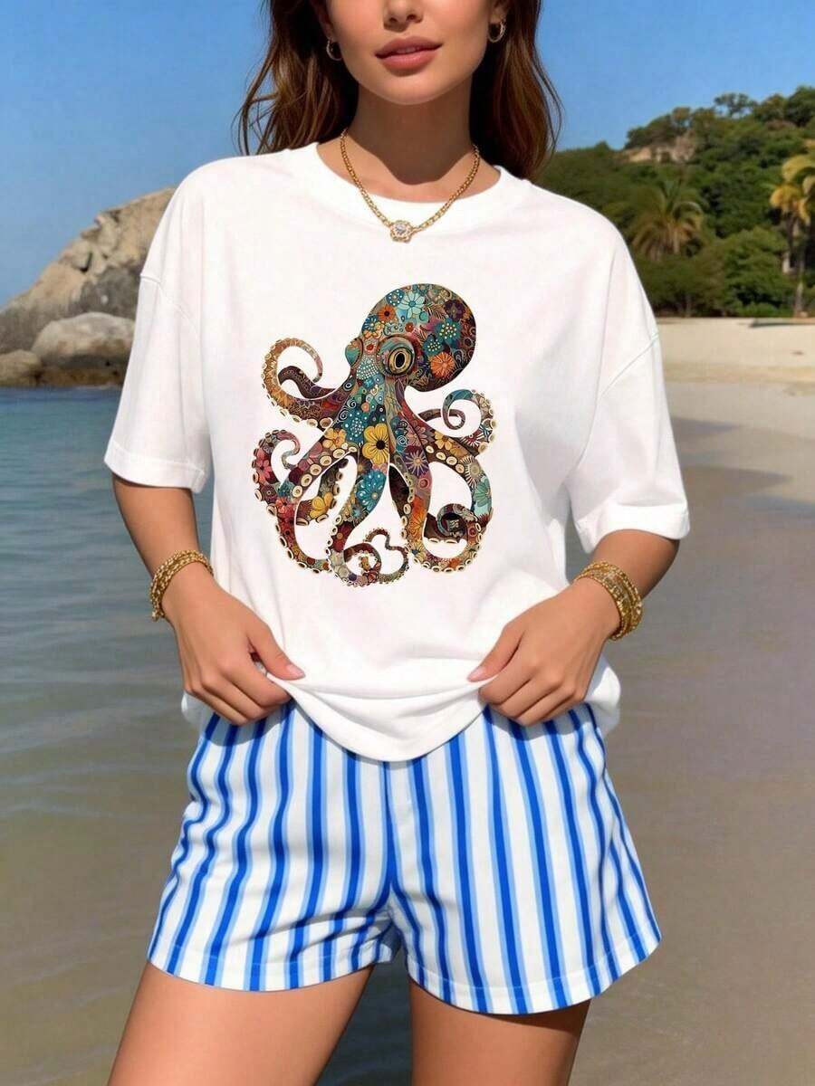 Women's Summer T-Shirt, Vintage Casual Style With Octopus Floral Print, Short Sleeve, Round Neck, Oversized Clothing For Women, Suitable For Summer And Spring, Unisex Graphic Short Sleeve T-Shirt, Casual Round Neck T-Shirt. - 白色 - 查看 1