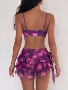 Conjunto de traje de baño de 3 piezas con falda de volantes de múltiples capas con decoración floral romántica misteriosa de color púrpura, de última moda para primavera/verano 2026 para mujer - Multicolor - Ver 2