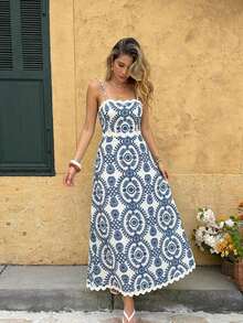 Vestido de tirantes con estampado todo sobre casual de vacaciones para mujer, verano - Azul - Ver 3