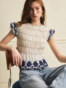 Blusa elegante para mujer, blusa vintage estilo francés, blusa de algodón para ir al trabajo, blusa ajustada con pliegues, blusa de color contrastante, blusa estampada, blusa versátil de cuello redondo con estampado para primavera/verano - Azul - Ver 8