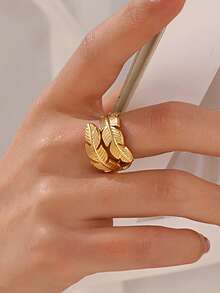 1 pieza Anillo abierto minimalista personalizado chapado en oro de 18K de acero inoxidable con pluma, adecuado para uso diario y fiestas de mujeres - Dorado - Ver 7