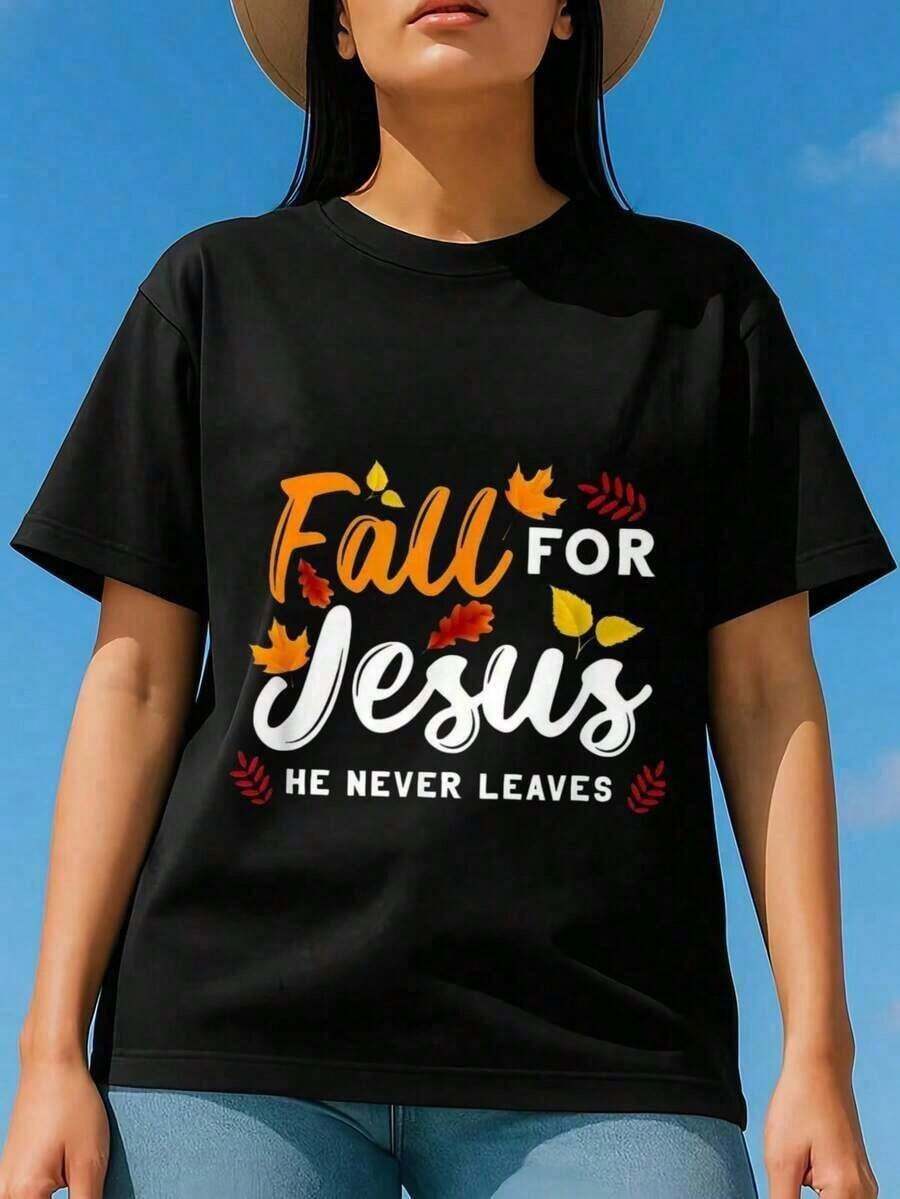 Women's Pure Cotton Short-Sleeved Round Neck T-Shirt With "Again To Jesus Christ, He Never Abandons Us" Print, Casual Style, Black Color, With Christian Graphic Design. - 黑色 - 查看 1