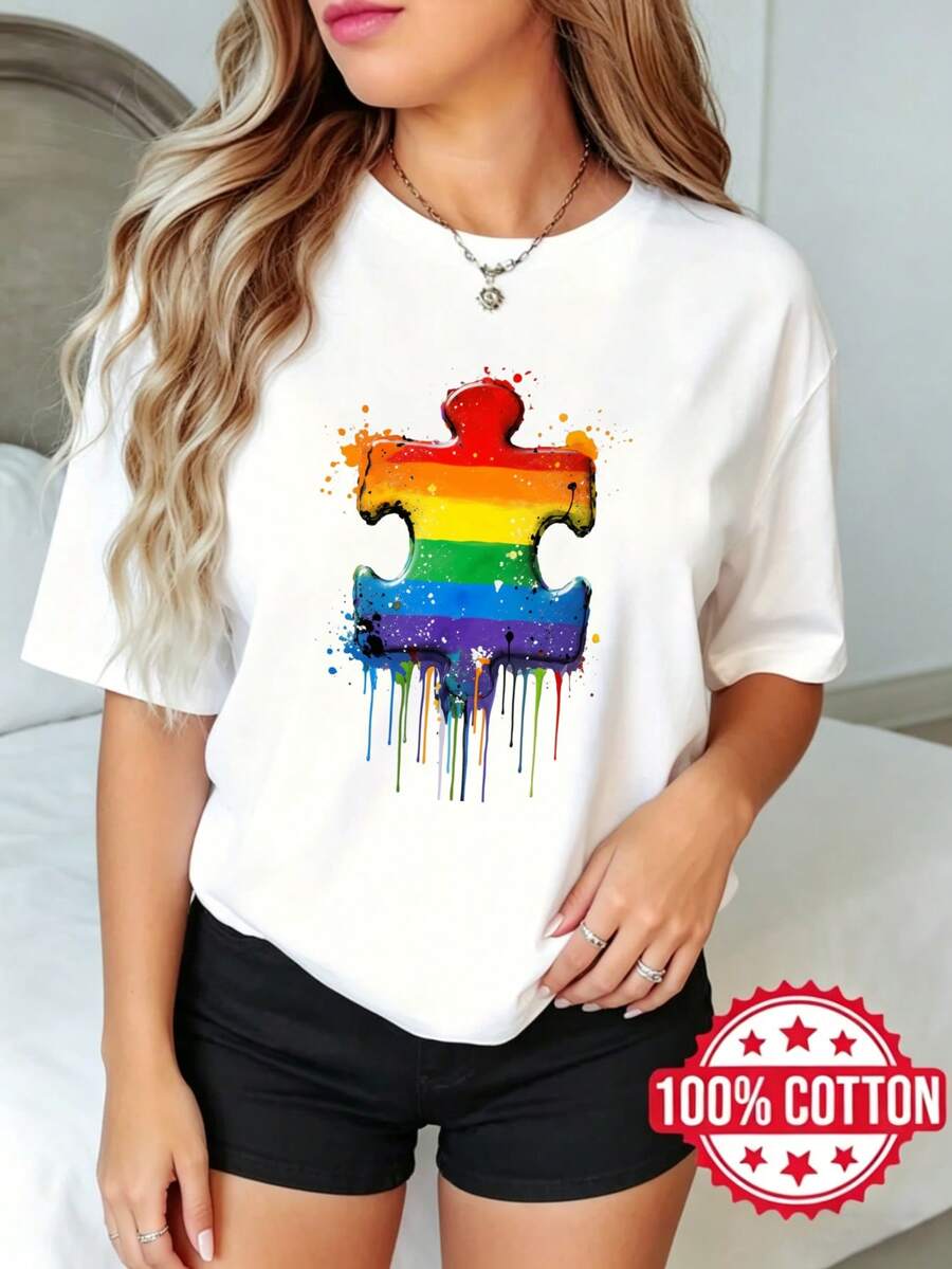 Camiseta estamp de manga corta y cuello redondo para mujer, verano, casual Pieza de rompecabezas arcoíris con goteo artístico S-3XL 100% aodón material