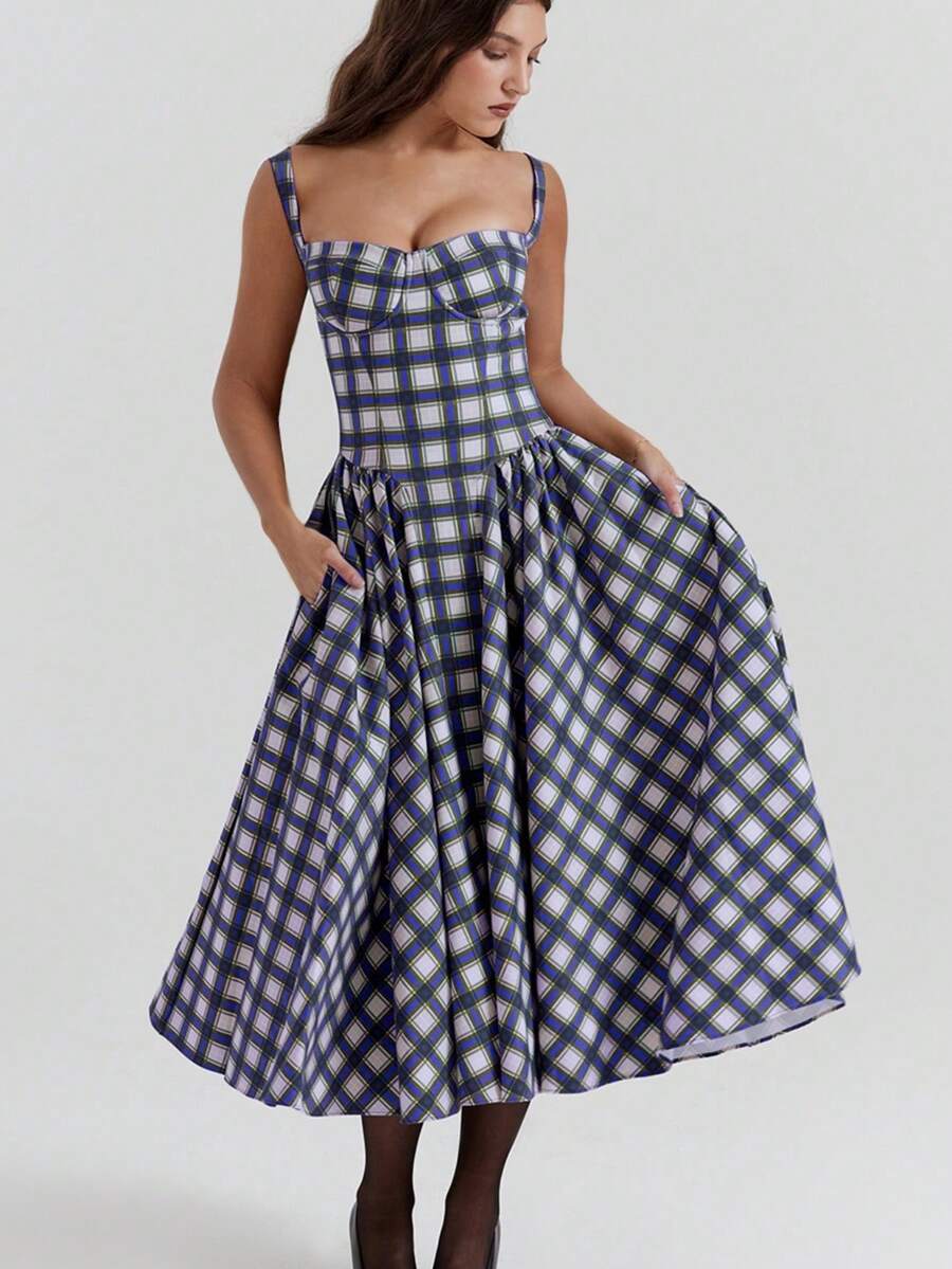 Vestido largo tirantes estilo vintage francés vestido elegante con estética paleta de colores - Azul - Ver 1