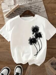 Playera gráfica casual juvenil de talla grande, talla grande para damas con curvas, camiseta casual de manga corta con estampado, diseño estampado, cuello redondo, ligera, lavable a máquina, top de primavera-verano, elegante camiseta de mujer de talla grande, casual, de corte holgado, camiseta gráfica de verano, top de manga corta de verano. - Blanco - Ver 7