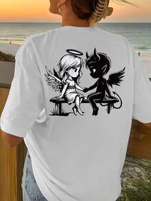 Camiseta con Estampado Gráfico de Ángel y Demonio, Manga Corta, Cuello Redondo, Estilo Casual para Verano y Primavera, Ropa de Mujer - Alta Calidad - Blanco - Ver 3
