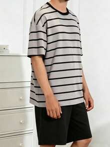 Men's Striped & Solid Color Short Sleeve Shorts 2-Piece Pajama Set, Lightweight, Minimalist, Neutral Style For Summer - Multicolor - View 5
