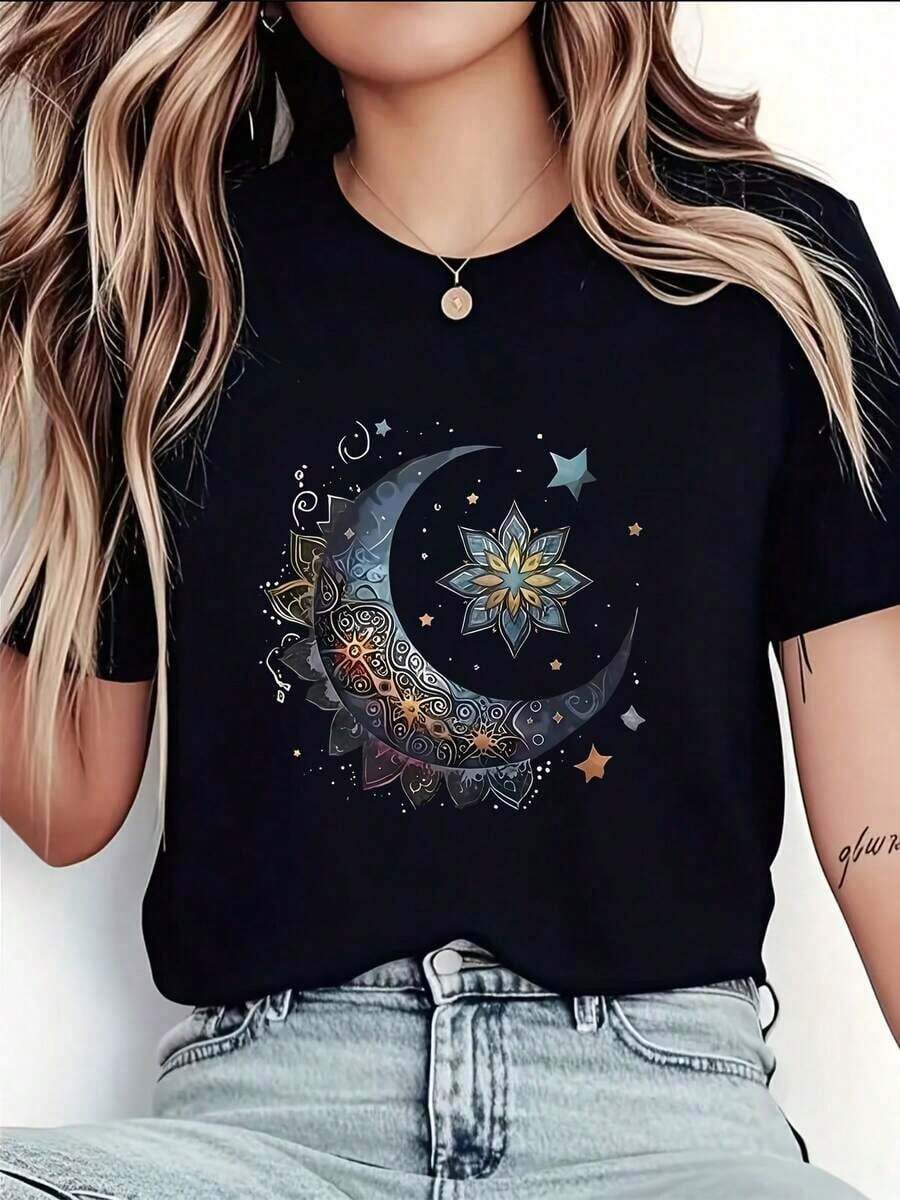 1 pieza de camiseta de manga corta con estampado de luna, 100% algodón, color gris, cuello redondo, un esencial de moda casual, adecuada para primavera, verano y otoño, ligeramente holgada, cómoda al contacto con la piel, camiseta casual y elegante para mujer de talla grande, camiseta de algodón transpirable, combina con todo, 100% algodón. - Negro - Ver 1