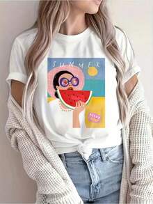 Nueva camiseta blanca de verano para mujer, estilo mexicano, con estampado de sandía - Cómoda camiseta de manga corta con cuello redondo - Ideal para vacaciones informales en la playa - Fácil de lavar, perfecta para el uso diario en verano. S6N5 - Blanco - Ver 6