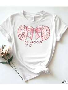 1 camiseta de mujer de color blanco puro: diseño floral con la frase "God is good" y lazo, 180g, 100% algodón. - blanco - Ver 6