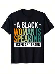 Camiseta Negra con Mense de Justicia Social | Eslogan Feminista "Una Mujer Habla", Camiseta Uni de Cuello Redondo 100%, Ropa Casual Suave, Transpirable y Ligerara Apoyo a los Derechos de la Mujer, Regalo de Cumpleaños, San Valentín, Lavable a Máquina, Corte Regular (Tallas S-XXL) - Negro - Ver 2