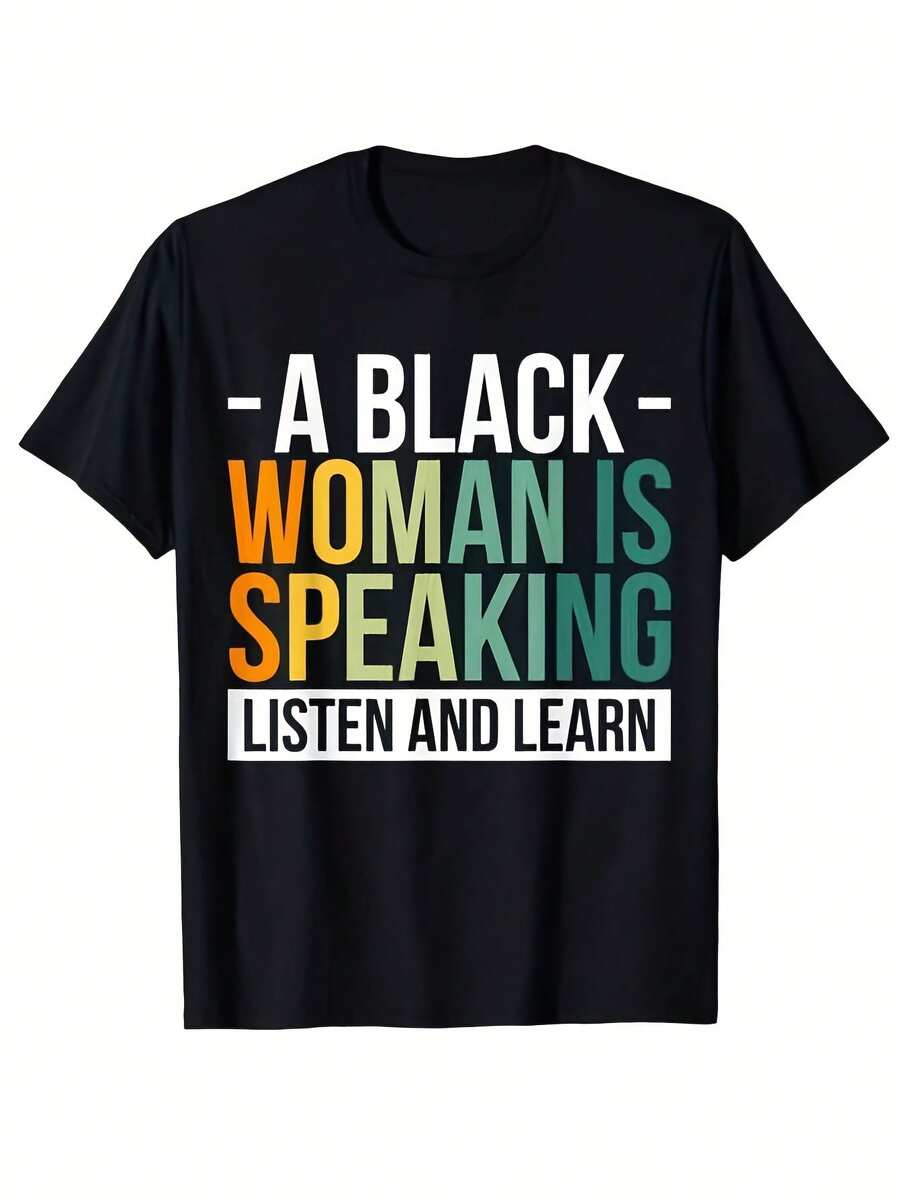 Camiseta Negra con Mense de Justicia Social | Eslogan Feminista "Una Mujer Habla", Camiseta Uni de Cuello Redondo 100%, Ropa Casual Suave, Transpirable y Ligerara Apoyo a los Derechos de la Mujer, Regalo de Cumpleaños, San Valentín, Lavable a Máquina, Corte Regular (Tallas S-XXL)