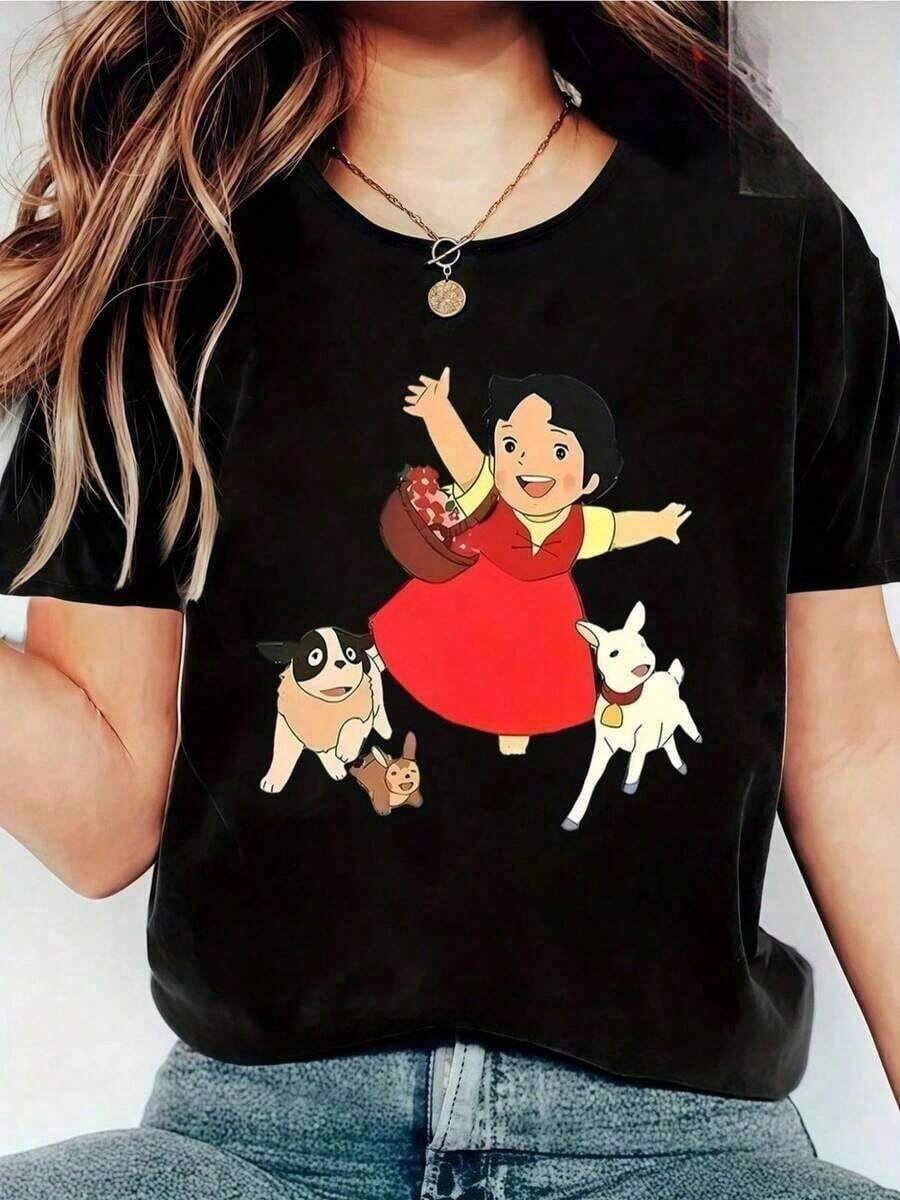 Fun T-Shirt With A Cartoon Character Print For Women Who Enjoy Casual And Relaxed Moments. Exclusive Design With A Vibrant And Inviting Look. Perfect For Casual Outings, Get-Togethers With Friends, Or Days Off. Available In Sizes S, M, L, And 's Fashion, 2023, For Young People And Lovers Of Original Looks. - 黑色 - 查看 1