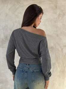 Top de manga larga asimétrico de hombro de punto de color albaricoque para mujer, otoño/invierno - Gris - Ver 2