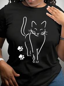 Camiseta de algodón purodeMujer-CamisetaInformalconEstampadodeGato-DiseñoSimpleconLíneasBlancas,CuelloRedondoPopularElasticidadMediosLavableaMáquinaAdecuadaparaPrimaverayVerano,Reg - Negro - Ver 1
