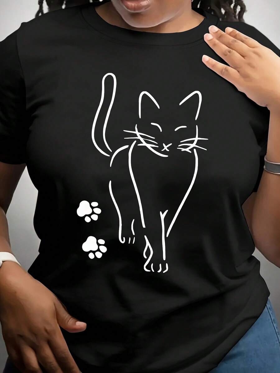 Camiseta de algodón purodeMujer-CamisetaInformalconEstampadodeGato-DiseñoSimpleconLíneasBlancas,CuelloRedondoPopularElasticidadMediosLavableaMáquinaAdecuadaparaPrimaverayVerano,Reg - Negro - Ver 1
