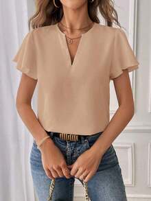 Camisa de mujer de unicolor con escote en V entallado y manga corta, informal y adecuada para el trabajo, blusas de manga corta - Caqui - Ver 6