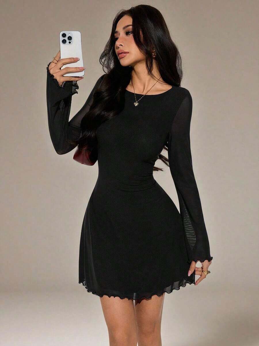 Vestido corto de mujer con mangas campana y malla con estampado de leopardo - Negro 2 - Ver 1