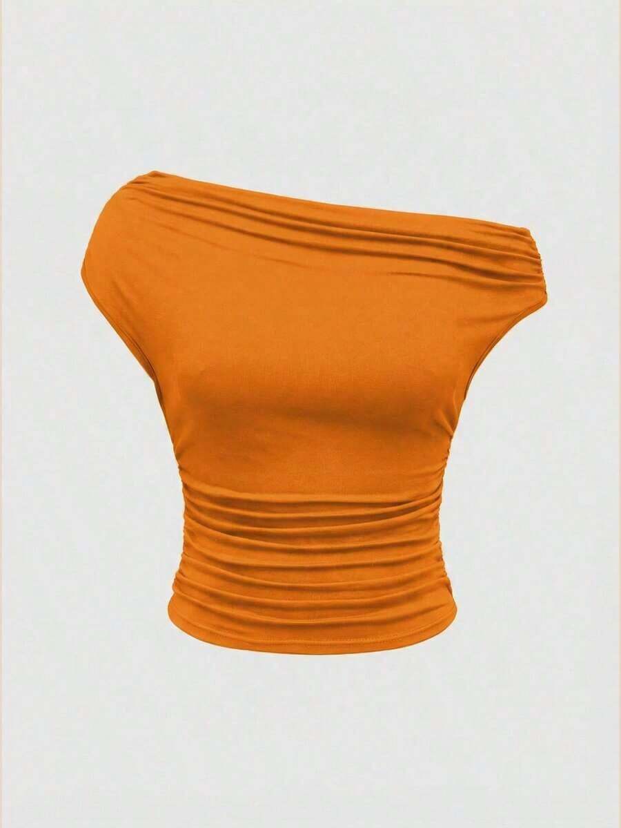 Grunge Punk Camiseta de mujer con hombros ajustados y fruncidos, estilo retro del milenio Shibuya Girl Y2K - Naranja - Ver 1