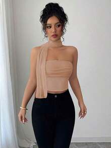 Top de camisola plisado con decoración de bufanda de malla elegante para mujeres - Caqui - Ver 5