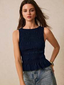 Camiseta de mujer informal de cuello redondo con pliegues de color liso y versátil - Azul marino - Ver 8