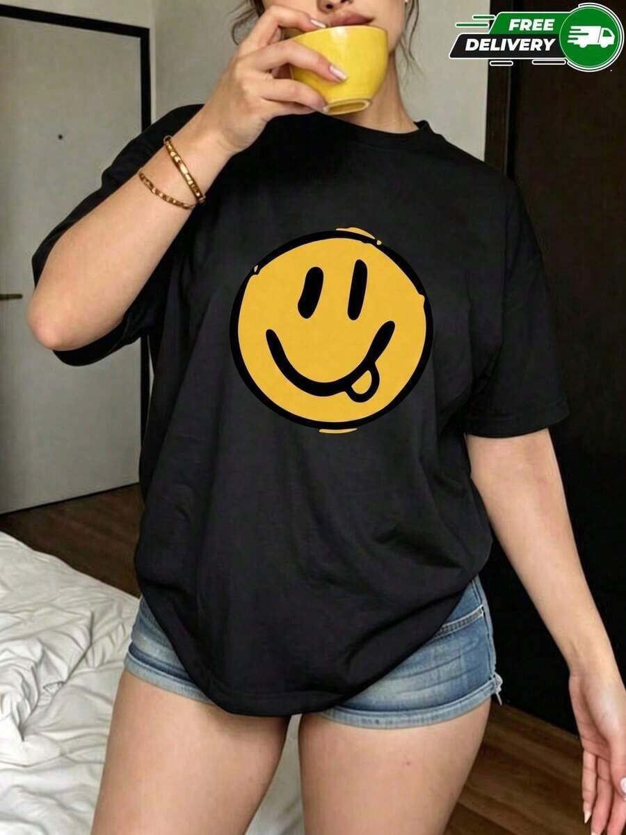 2026 New Cotton-shirtCamiseta de manga corta para mujer, adecuada para uso diario, salidas casuales, vacaciones y fines de semana, con estampado de carita sonriente con lengua, cuello redondo, sin bolsillos laterales, sin cremalleras, sin botones, fabricada en poliéster, estilo casual y divertido, para primavera y verano. Envío nacional Algodón ligero - Negro - Ver 1