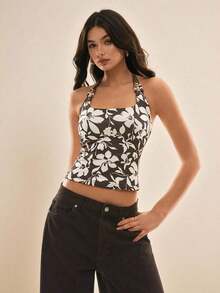 Camisola de Cuello Halter Ajustada con Cuentas de la Marca  para Mujer, Ideal para Vacaciones - Marrón - Ver 6