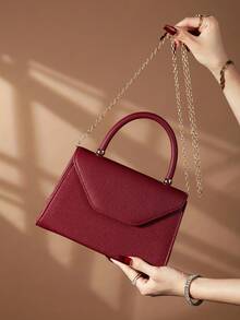 REMANLAND Luxurious Alluring Solid Color PU Party Clutch, Glamorous Refined Flap Women's Evening Bag With Detachable Metal Chain Shoulder Strap, Hidden Card Slots Suitable For Party, Dance, Banquet, Gathering, Wedding And Other Occasions - Burgundy - View 8