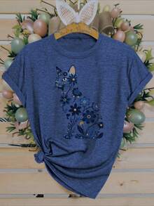 Women's Casual And Sporty Top, Inspired By Floral And Cat Prints, Stylish And Fashionable, Ideal For Spring, Summer, And Fall. Short-Sleeved T-Shirt With A Round Neck, Soft And Comfortable. Comfortable Fit, Durable Construction, Printed Design. Suitable For Everyday Sports, , Loose, Popular, And Comfortable. Casual, Stylish, And Sporty, It Looks Great Worn Alone Or Layered, Effortlessly Capturing The Feeling Of Fashion. - 黑色 - 查看 6