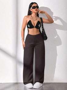 Pantalones rectos sueltos de cintura alta de unicolor casual para mujer, negro - Marrón - Ver 5
